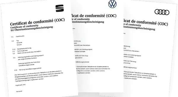 Drei Dokumente mit dem Titel "Certificat de conformité (COC)" und den Logos von Seat, VW und Audi. Ein COC-Datenblatt für Fahrzeuge.