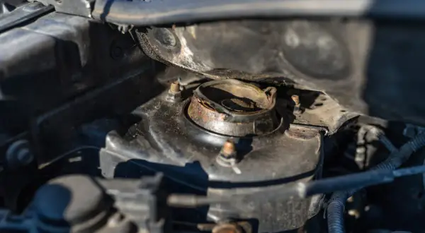 Rostiges Domlager im Motorraum. Mögliche domlager defekt symptome sind Geräusche beim Lenken oder Fahren.