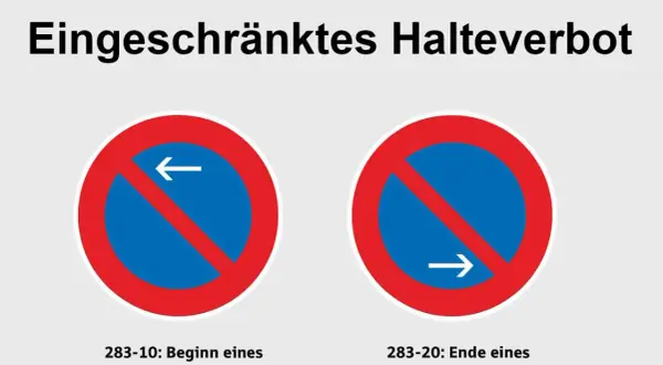 Zwei Verkehrszeichen: Beginn eines eingeschränkten Halteverbots (links) und Ende eines eingeschränkten Halteverbots (rechts). Hier ist das Parken verboten, Taxen müssen weiterfahren.