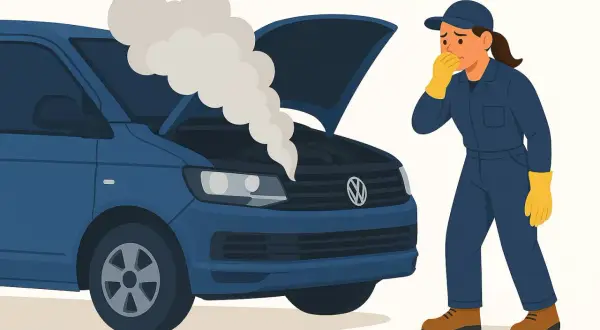 Mechanikerin hält sich die Nase zu, da die Kupplung nach Bergfahrt stinkt. Rauch steigt aus dem offenen Motorraum des blauen Autos.