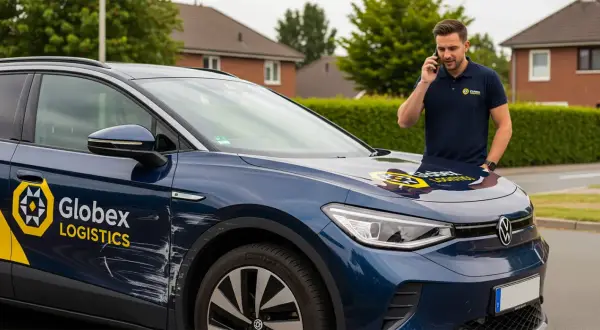 Mann telefoniert neben beschädigtem Firmenwagen. Kratzer am Auto, die zur Firmenwagen Selbstbeteiligung führen könnten.