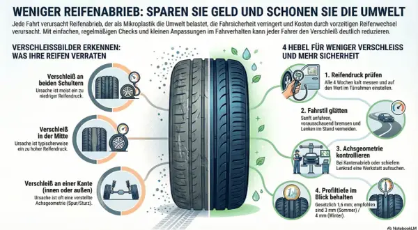 Grafik zeigt Reifenverschleiß: Schulter-, Mittel- und Kantenabrieb. Symptome wie **reifen unwucht symptome** können durch falschen Reifendruck oder Achsgeometrie entstehen.