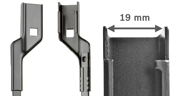 Detailaufnahme von Adaptern für Bosch Scheibenwischer wechseln. Die Breite beträgt 19 mm.