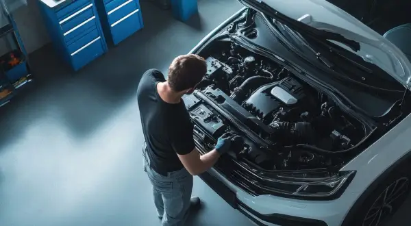 Mechaniker prüft Motor, weil das **auto ruckelt beim gas geben**. Werkstatt mit Werkzeugschränken im Hintergrund.