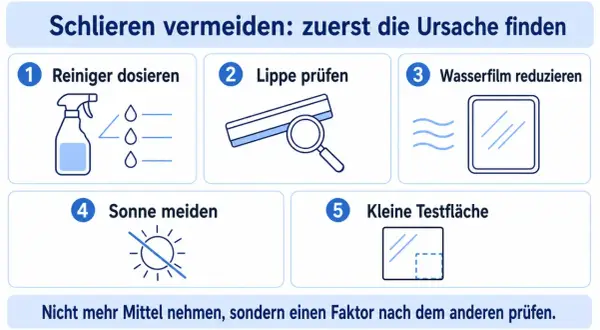 Schlieren vermeiden: Reiniger richtig dosieren, Lippe prüfen, Wasserfilm reduzieren, Sonne meiden, kleine Testfläche. So werden schmieren der Scheibenwischer verhindert.