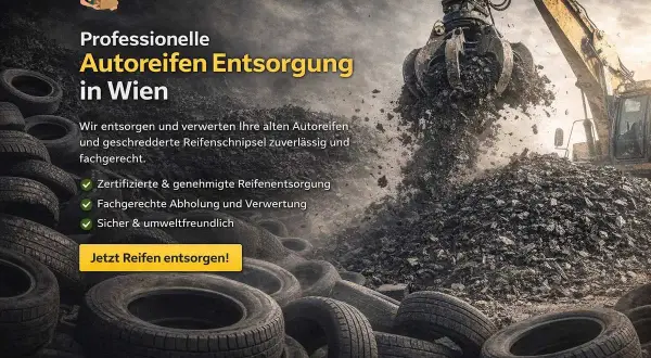 Bagger greift Reifen. Professionelle Autoreifen Entsorgung in Wien. Zuverlässig und umweltfreundlich alte Reifen entsorgen.