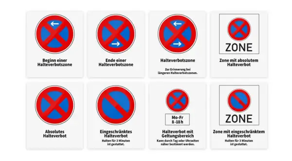 Verkehrsschilder erklären, wann und wo man in Parkverbotszonen halten darf.