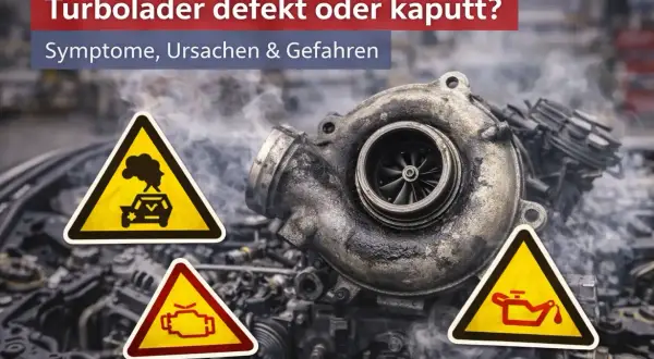 Ein defekter Turbolader raucht und zeigt Warnsymbole für Motoröl und Motorkontrollleuchte. Symptome eines Turbolader defekt sind hier visuell dargestellt.