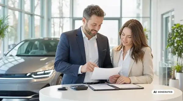 Mann und Frau besprechen Dokumente in Autohaus. Sie klären, was ein geldwerter Vorteil ist, vielleicht beim Autokauf.