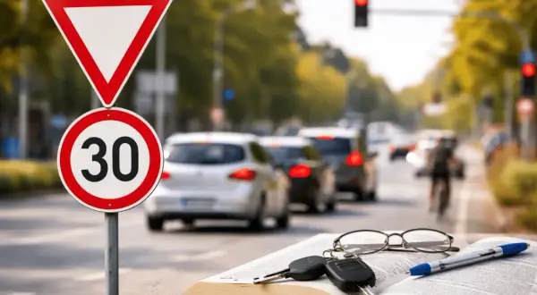 Verkehrsschilder und ein Buch mit Schlüsseln und Brille. Das Buch könnte die **Fahrzeughalter Definition** erklären, während Autos im Stau stehen.