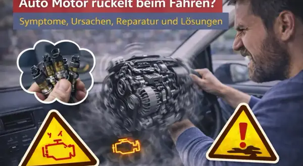 Mann im Auto verzweifelt, weil der **Auto Motor ruckelt**. Warnsymbole und Zündkerzen deuten auf Probleme hin.