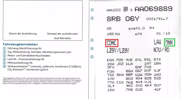 Fahrzeugschein-Auszug mit Motorcode "CDNC" und weiteren technischen Daten.