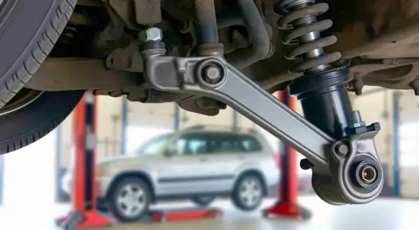 Auto-Aufhängung mit defektem Querlenker. Symptome wie Klappern oder schlechte Straßenlage deuten auf Probleme hin.