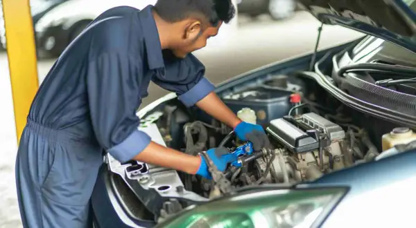 Mechaniker prüft Motorraum. Mögliche hardyscheibe defekt symptome wie Vibrationen werden hier untersucht.