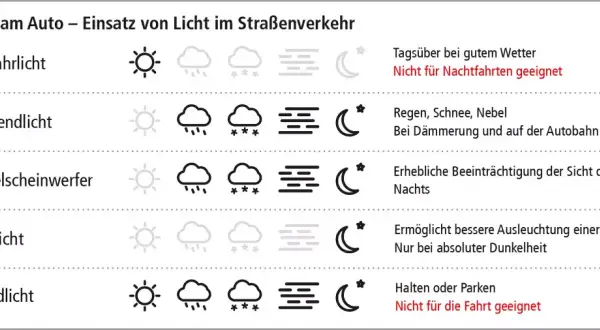 Die Lichter im Auto haben verschiedene Farben: Tagfahrlicht ist grau, Abblendlicht und Nebelscheinwerfer grün, Fernlicht blau und Standlicht orange.