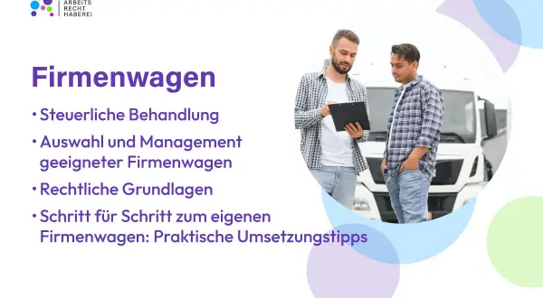 Zwei Männer besprechen einen Firmenwagen. Der Text thematisiert steuerliche Behandlung und die steuerfreie Nutzung, z.B. durch einen tankgutschein.