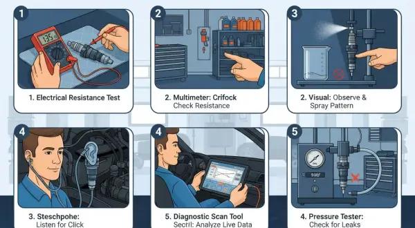 Anleitung zur Diagnose eines defekten Injektors. Prüfen mit Multimeter, Stethoskop, Sprühbild, Drucktester und Fehlerspeicher auslesen.