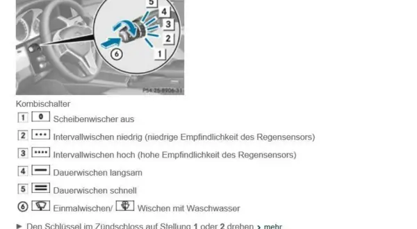 Kombischalter am Lenkrad: So können Sie die Scheibenwischer anmachen. Verschiedene Stufen für Intervall, Dauerbetrieb und Waschen.