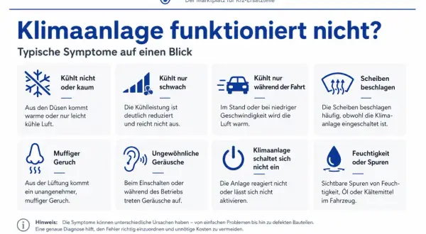 Infografik zeigt typische Symptome, wenn die Klimaanlage defekt ist: kühlt nicht, beschlagene Scheiben, muffiger Geruch, ungewöhnliche Geräusche.