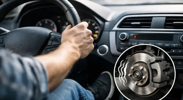 Fahrer hält das Lenkrad, während ein Bremsbelag und eine Bremsscheibe mit Wellenlinien gezeigt werden, die darauf hindeuten, dass das Lenkrad flattert.