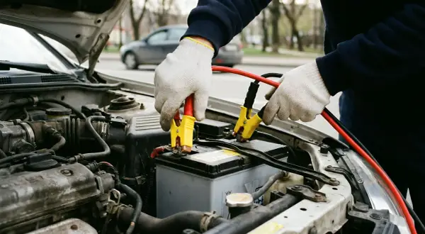 Hände mit Handschuhen schließen Starthilfekabel an eine tiefentladene Autobatterie an, um sie wieder zum Leben zu erwecken.