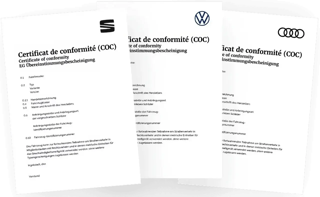 Drei Dokumente mit dem Titel "Certificat de conformité (COC)" und den Logos von Seat, VW und Audi. Ein COC-Datenblatt für Fahrzeuge.
