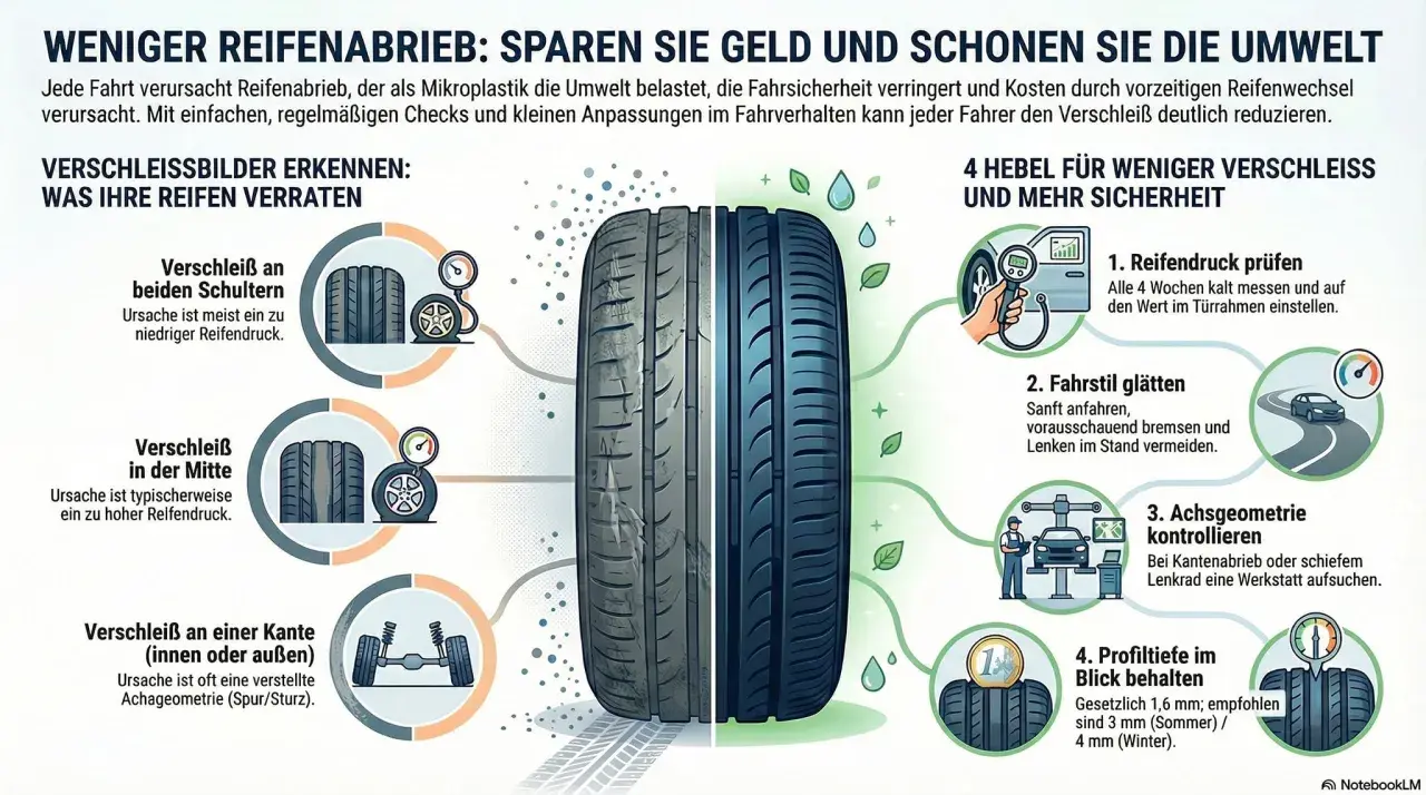 Grafik zeigt Reifenverschleiß: Schulter-, Mittel- und Kantenabrieb. Symptome wie **reifen unwucht symptome** können durch falschen Reifendruck oder Achsgeometrie entstehen.