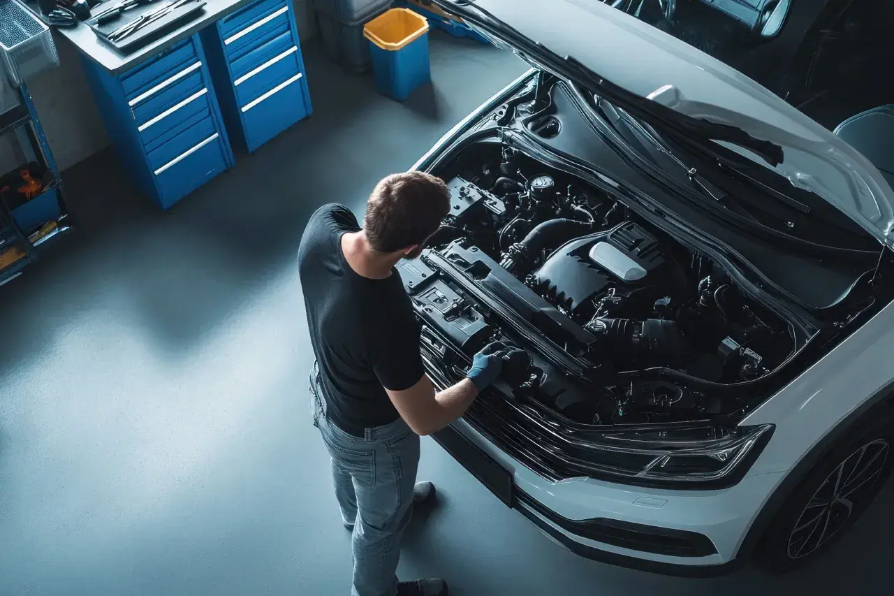 Mechaniker prüft Motor, weil das **auto ruckelt beim gas geben**. Werkstatt mit Werkzeugschränken im Hintergrund.