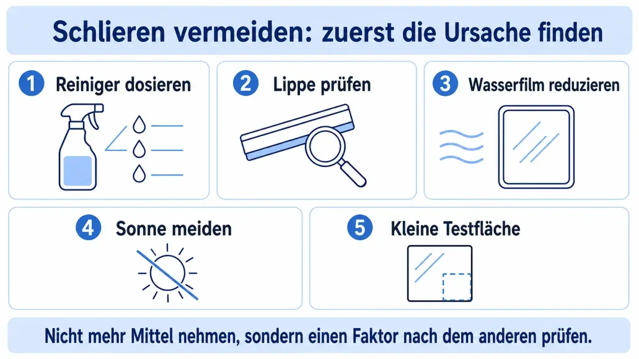 Schlieren vermeiden: Reiniger richtig dosieren, Lippe prüfen, Wasserfilm reduzieren, Sonne meiden, kleine Testfläche. So werden schmieren der Scheibenwischer verhindert.