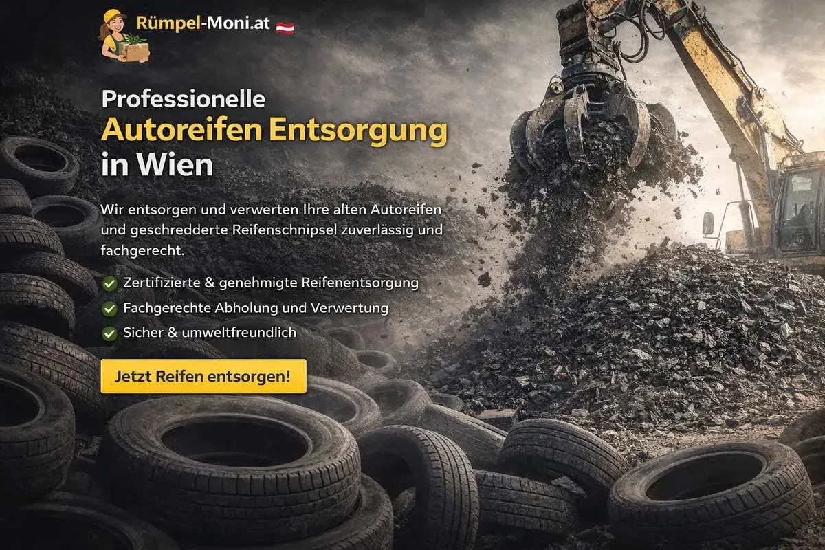 Bagger greift Reifen. Professionelle Autoreifen Entsorgung in Wien. Zuverlässig und umweltfreundlich alte Reifen entsorgen.
