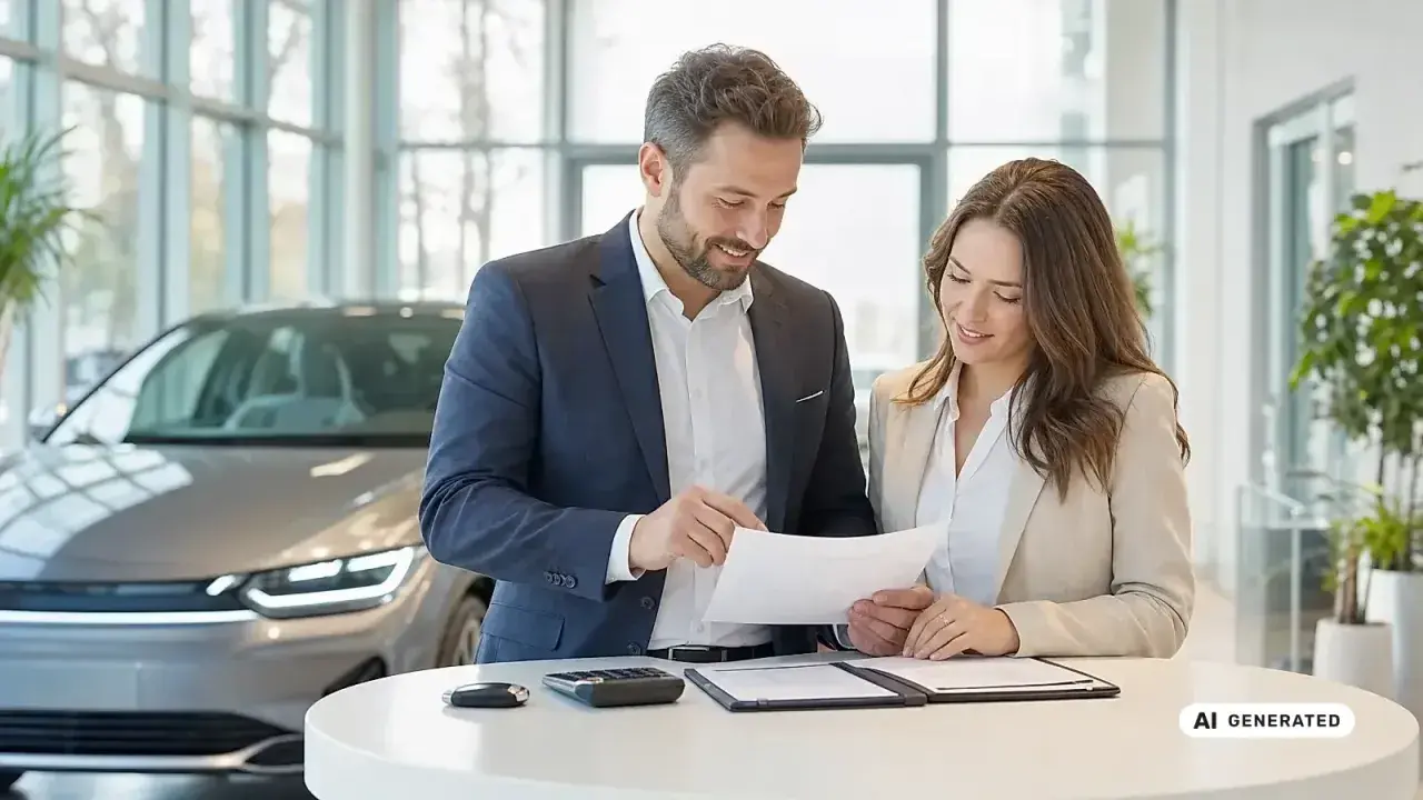 Mann und Frau besprechen Dokumente in Autohaus. Sie klären, was ein geldwerter Vorteil ist, vielleicht beim Autokauf.