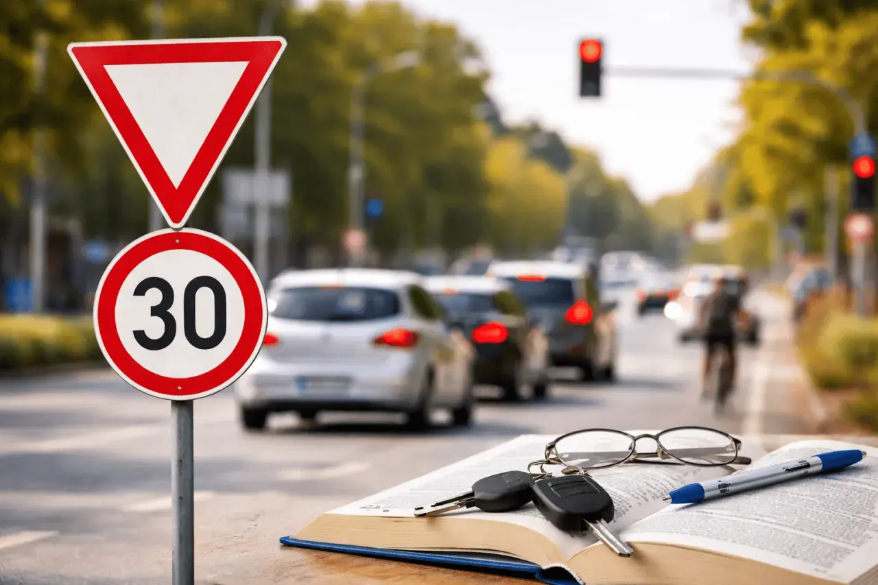 Verkehrsschilder und ein Buch mit Schlüsseln und Brille. Das Buch könnte die **Fahrzeughalter Definition** erklären, während Autos im Stau stehen.