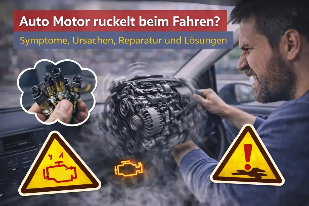Mann im Auto verzweifelt, weil der **Auto Motor ruckelt**. Warnsymbole und Zündkerzen deuten auf Probleme hin.