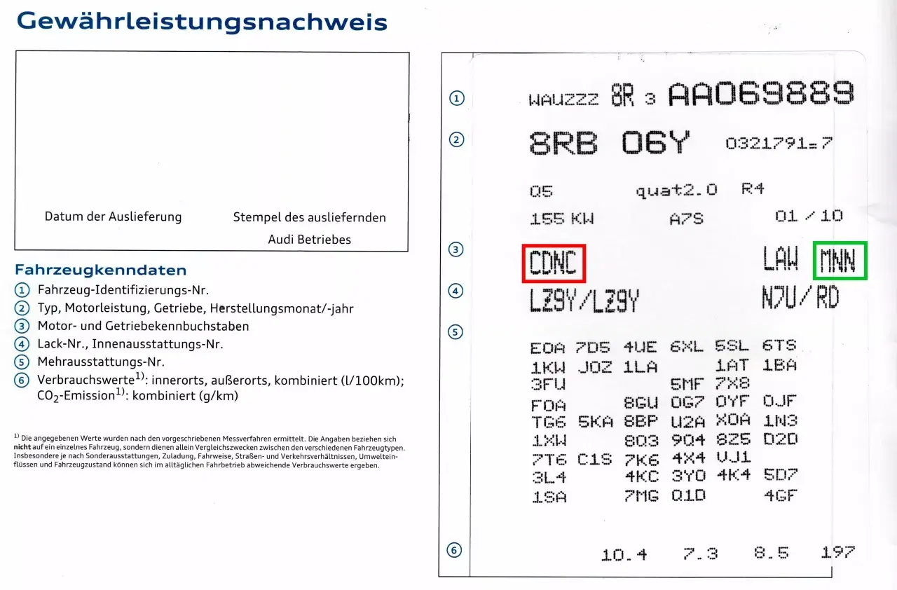 Fahrzeugschein-Auszug mit Motorcode "CDNC" und weiteren technischen Daten.