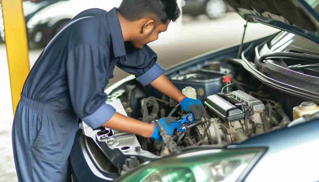 Mechaniker prüft Motorraum. Mögliche hardyscheibe defekt symptome wie Vibrationen werden hier untersucht.