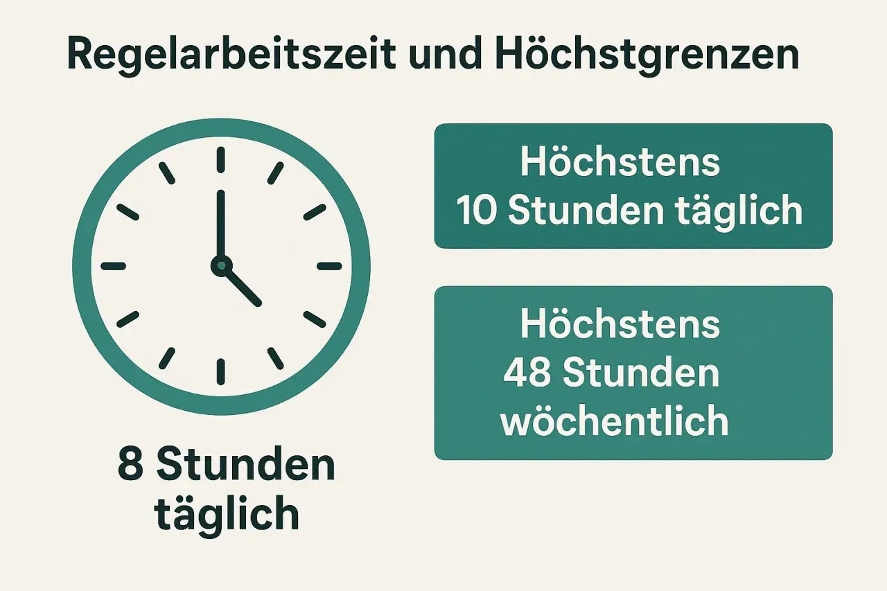 Regelarbeitszeit: 8 Std. täglich, max. 10 Std. täglich, max. 48 Std. wöchentlich. Wann ist Fahrzeit Arbeitszeit?
