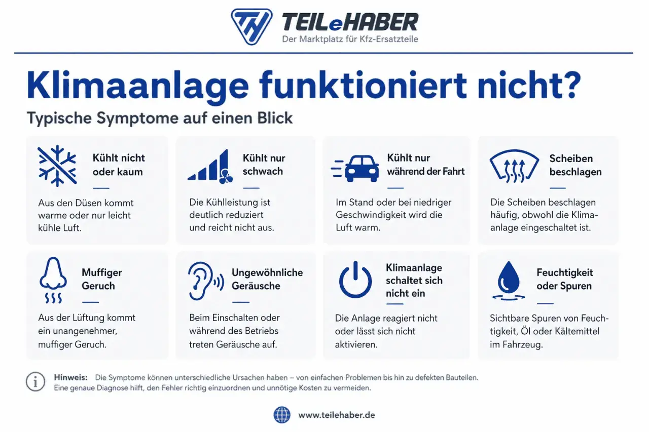 Infografik zeigt typische Symptome, wenn die Klimaanlage defekt ist: kühlt nicht, beschlagene Scheiben, muffiger Geruch, ungewöhnliche Geräusche.