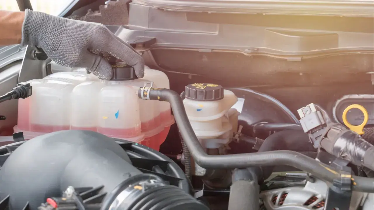 Hand in glove checks the coolant level in the car's engine. The pink liquid is the **wasser unter auto**, essential for keeping the engine cool.