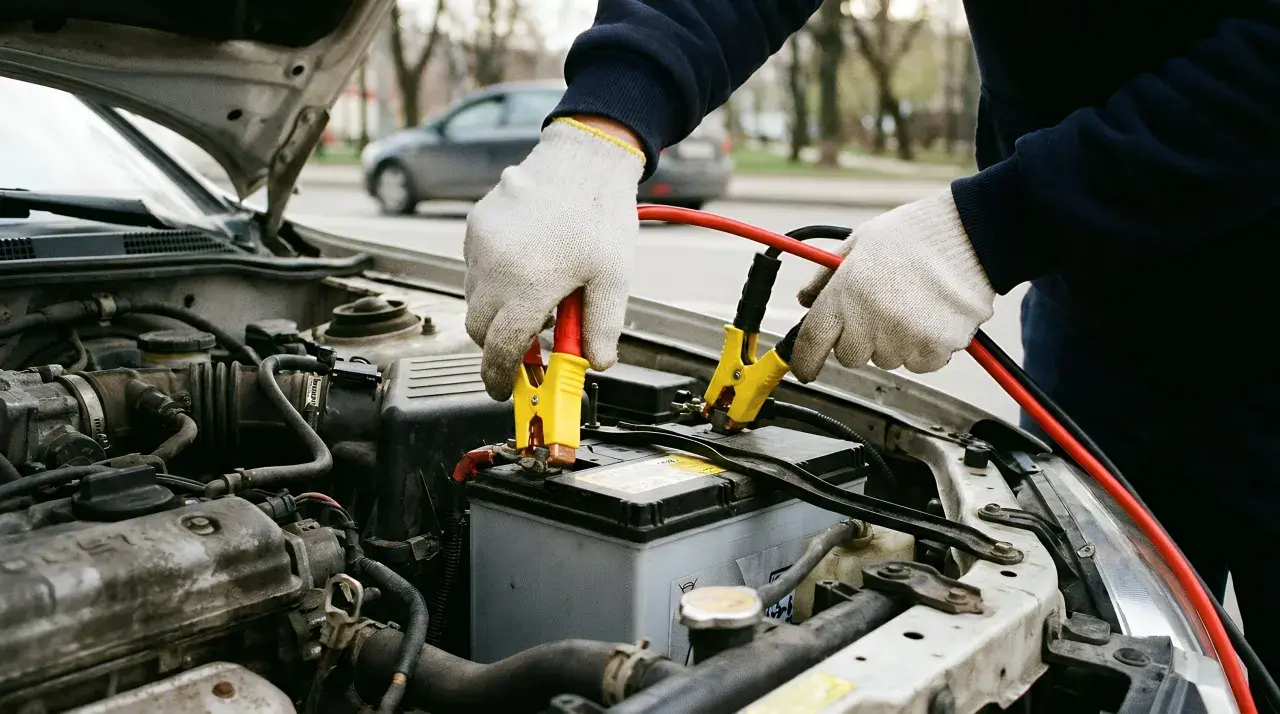 Hände mit Handschuhen schließen Starthilfekabel an eine tiefentladene Autobatterie an, um sie wieder zum Leben zu erwecken.