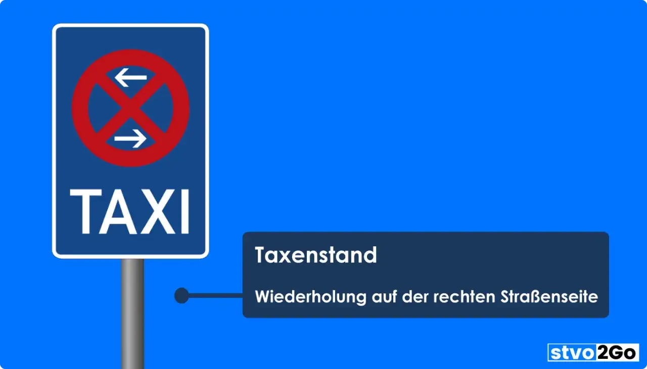 Schild: TAXI. Verbot f&uuml;r Taxen, wo ist das parken verboten? Wiederholung auf der rechten Stra&szlig;enseite.