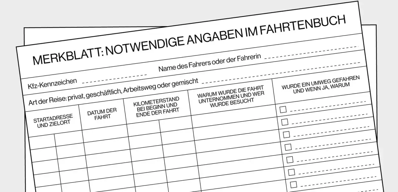 Fahrtenbuch-Vordruck f&uuml;r die Dokumentation von Fahrten, wichtig f&uuml;r die Abschreibung Auto privat. Erfasst Kennzeichen, Zweck, Datum, Kilometerst&auml;nde und Umwege.