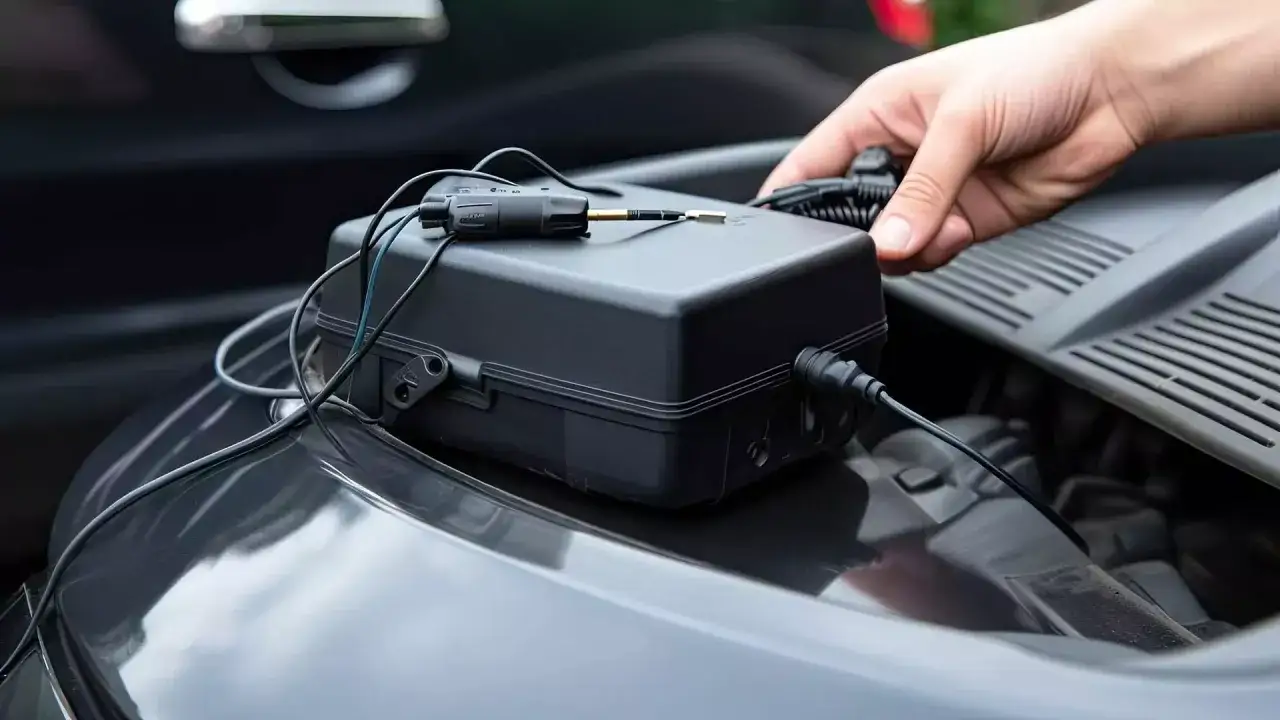 Schwarze Box mit Kabeln auf einem Auto. Zeiterfassung mit GPS erlaubt.