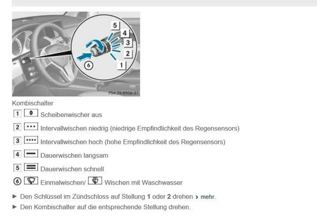 Bedienungsanleitung: So k&ouml;nnen Sie die Scheibenwischer anmachen. Der Kombischalter zeigt die verschiedenen Stufen von Aus bis schnelles Dauerwischen.