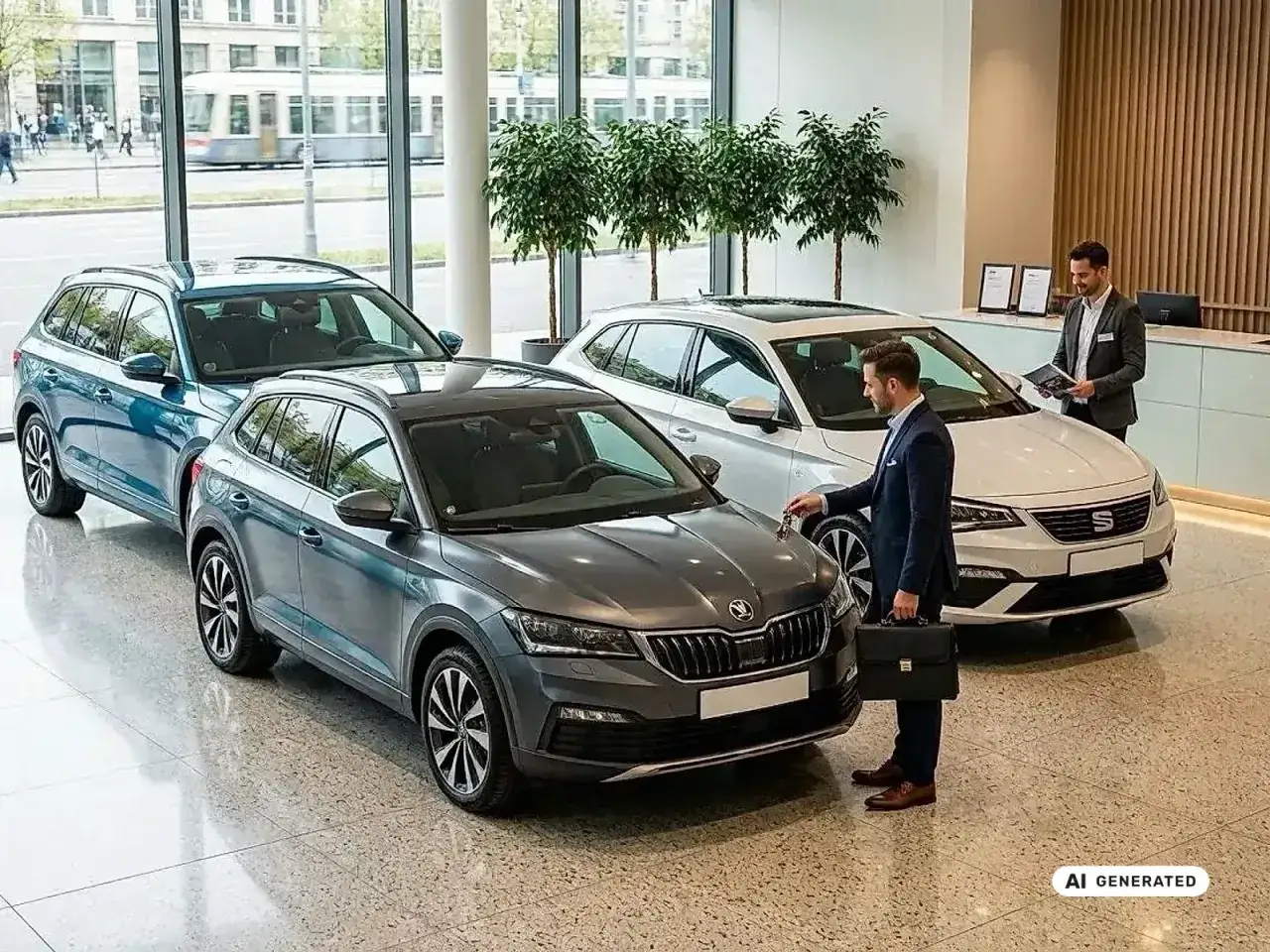 Mann mit Aktentasche erh&auml;lt Schl&uuml;ssel f&uuml;r ein blp auto in einem Autohaus.