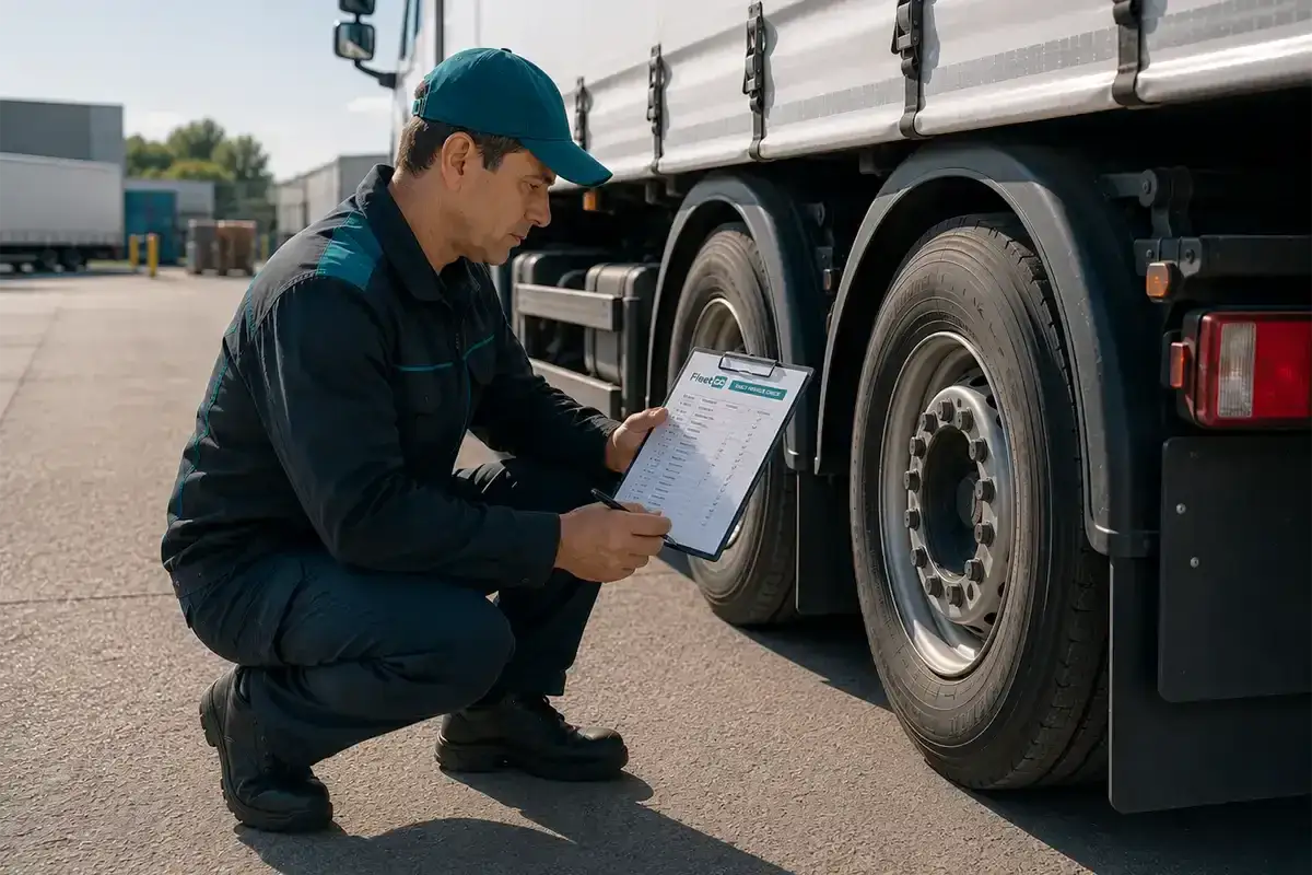 Ein Mann in Arbeitskleidung pr&uuml;ft mit einer Checkliste die Reifen eines LKW. STVG 21 wird sorgf&auml;ltig abgehakt.