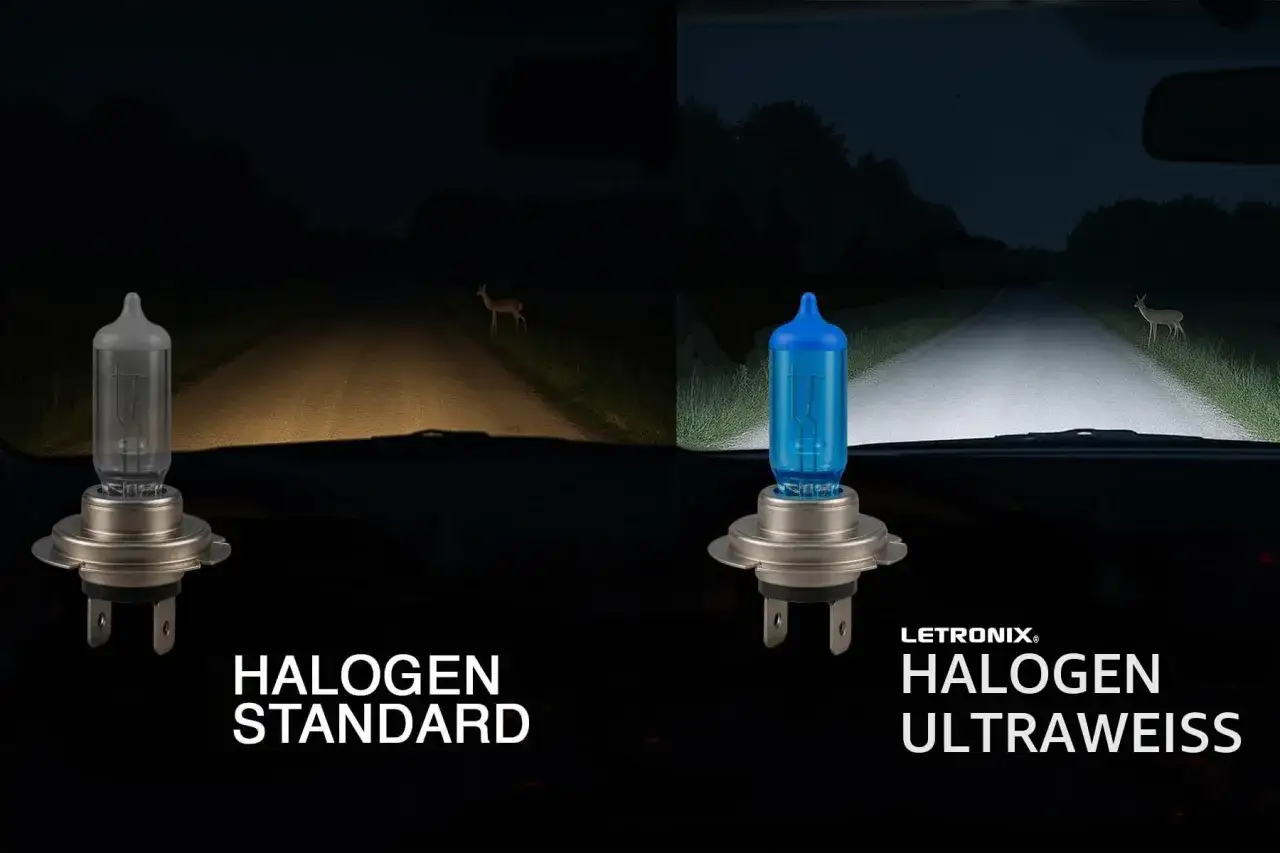 Vergleich der Abblendlicht Farbe: Gelbes Licht einer Standard-Halogenlampe vs. wei&szlig;es Licht einer Ultrawei&szlig;-Lampe. Ein Reh am Stra&szlig;enrand.