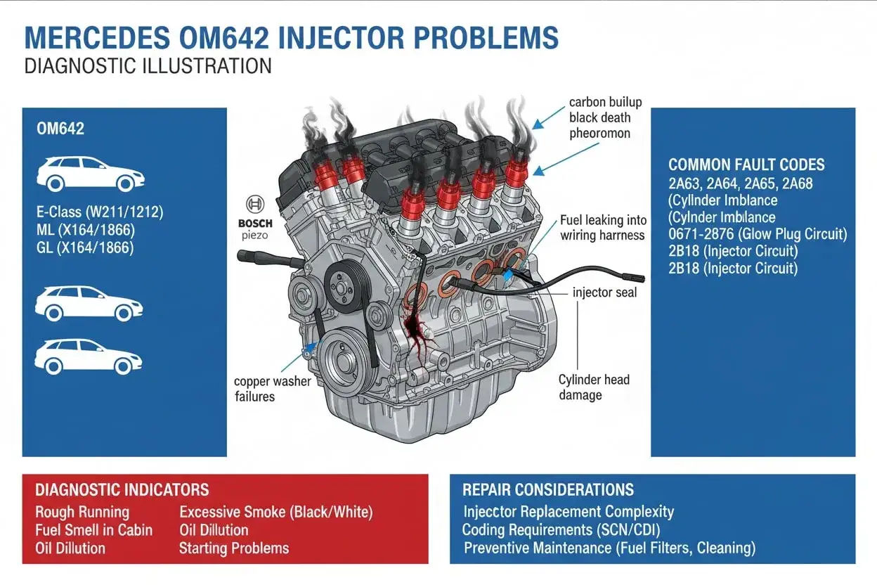 Illustration von Mercedes OM642 Injektorproblemen. Die Bedeutung von CDI wird im Kontext von Reparatur&uuml;berlegungen erw&auml;hnt.