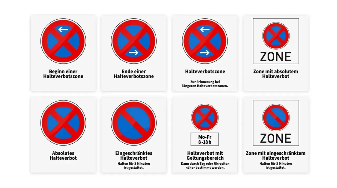 Verkehrsschilder erklären, wann und wo darf man in Parkverbotszonen halten.