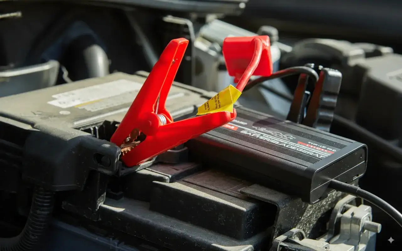 Rote Klemmen verbinden ein Batterieladeger&auml;t mit einer tiefentladenen Autobatterie.