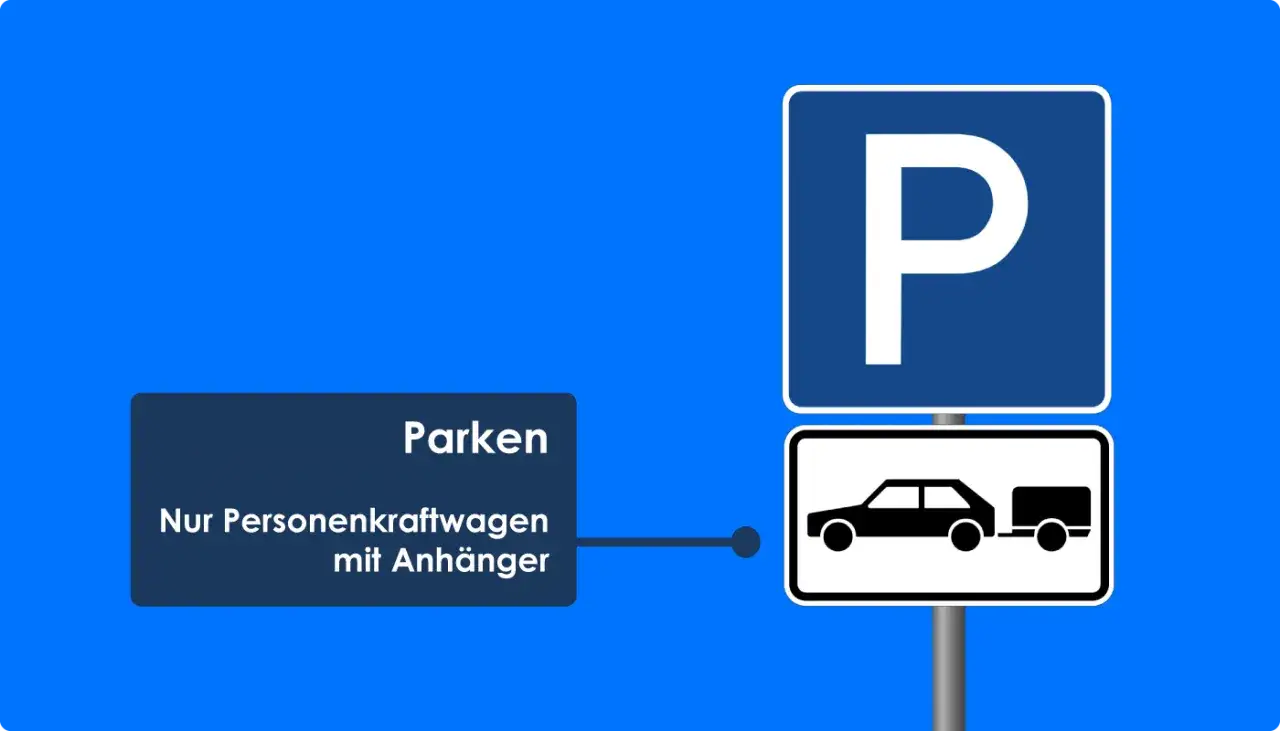 Parkschild mit Zusatzzeichen: Nur PKW mit Anh&auml;nger. Hier ist queraufstellung parken erlaubt.